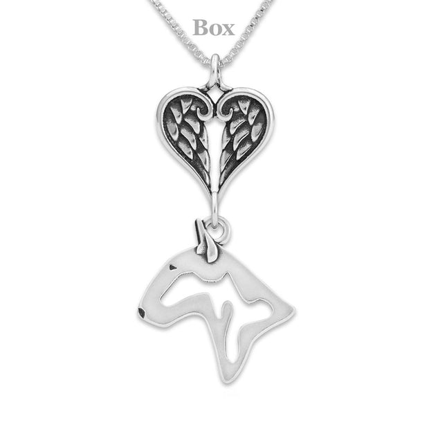Bull Terrier Sympathy Gift Necklace with Heart Shaped Angel Wing Pendant in Sterling Silver on Box Chain.
