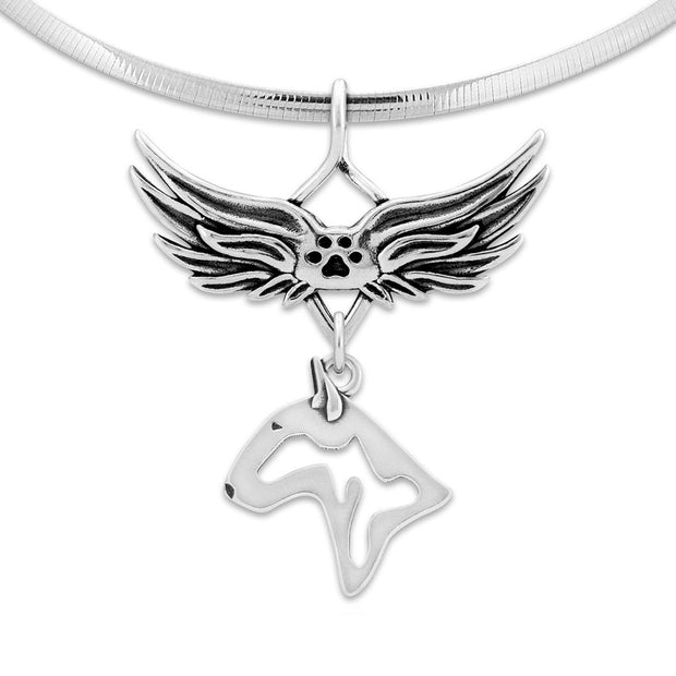 Bull Terrier Pet Loss Necklace with Angel Wing Charm Holder with Paw Print in Sterling Silver on Omega Chain.