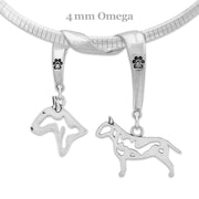 Bull Terrier Necklace Head and Body Designs on Paw Print Charm Holder in Sterling Silver on Omega Chain.