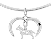 Bull Terrier Necklace with Open Heart Charm Holder with Paw Print in Sterling Silver on Omega Chain.