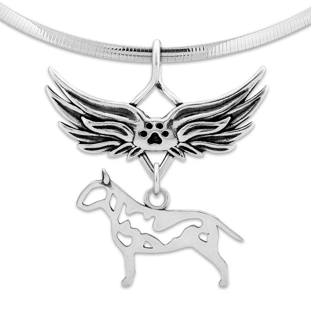 Bull Terrier Pet Loss Necklace with Angel Wing Charm Holder with Paw Print in Sterling Silver on Omega Chain.