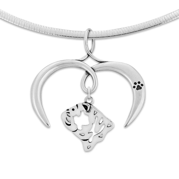 Bulldog Necklace with Open Heart Charm Holder with Paw Print in Sterling Silver on Omega Chain.