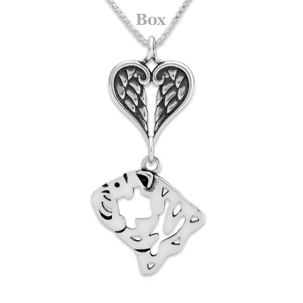 Bulldog Sympathy Gift Necklace with Heart Shaped Angel Wing Pendant in Sterling Silver on Box Chain.