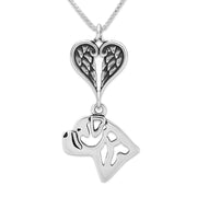 Bullmastiff Sympathy Gift Necklace with Heart Shaped Angel Wing Pendant in Sterling Silver on Box Chain.