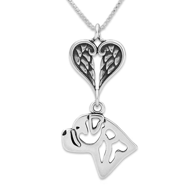 Bullmastiff Sympathy Gift Necklace with Heart Shaped Angel Wing Pendant in Sterling Silver on Box Chain.