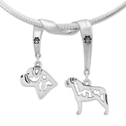 Bullmastiff Necklace Head and Body Designs on Paw Print Charm Holder in Sterling Silver on Omega Chain.