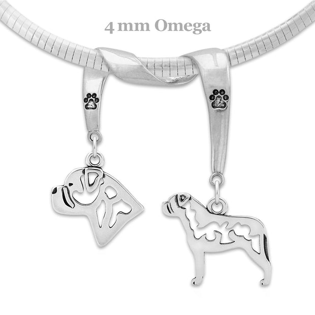 Bullmastiff Necklace Head and Body Designs on Paw Print Charm Holder in Sterling Silver on Omega Chain.