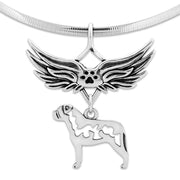 Bullmastiff Pet Loss Necklace with Angel Wing Charm Holder with Paw Print in Sterling Silver on Omega Chain.