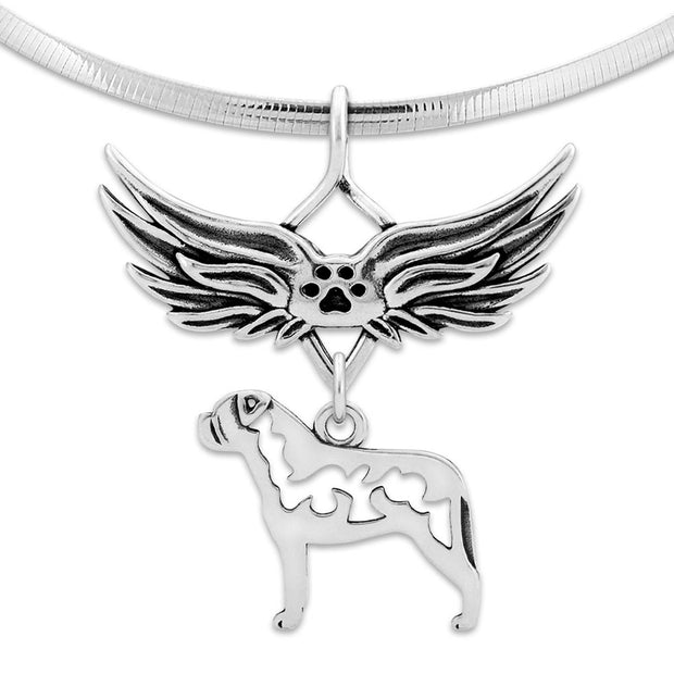 Bullmastiff Pet Loss Necklace with Angel Wing Charm Holder with Paw Print in Sterling Silver on Omega Chain.