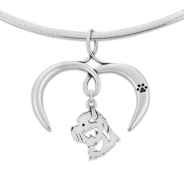 Cairn Terrier Necklace with Open Heart Charm Holder with Paw Print in Sterling Silver on Omega Chain.