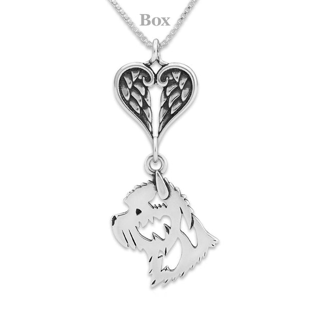 Cairn Terrier Sympathy Gift Necklace with Heart Shaped Angel Wing Pendant in Sterling Silver on Box Chain.