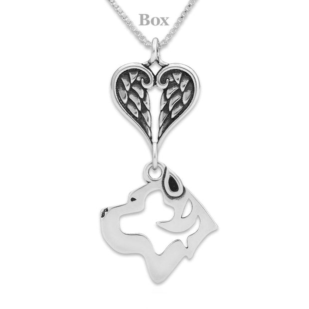 Cane Corso Sympathy Gift Necklace with Heart Shaped Angel Wing Pendant in Sterling Silver on Box Chain.