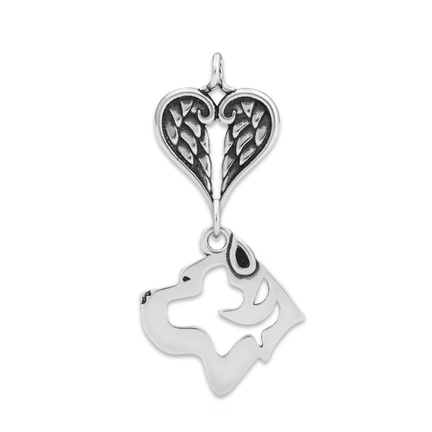 Cane Corso Sympathy Gift Pendant with Heart Shaped Angel Wing Pendant in Sterling Silver.