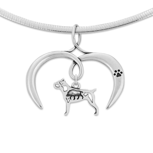 Cane Corso Necklace with Open Heart Charm Holder with Paw Print in Sterling Silver on Omega Chain.