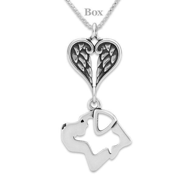 Cane Corso Sympathy Gift Necklace with Heart Shaped Angel Wing Pendant in Sterling Silver on Box Chain.