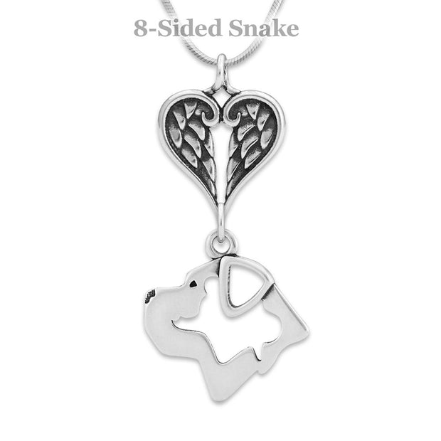 Cane Corso Sympathy Gift Necklace with Heart Shaped Angel Wing Pendant in Sterling Silver on Snake Chain.