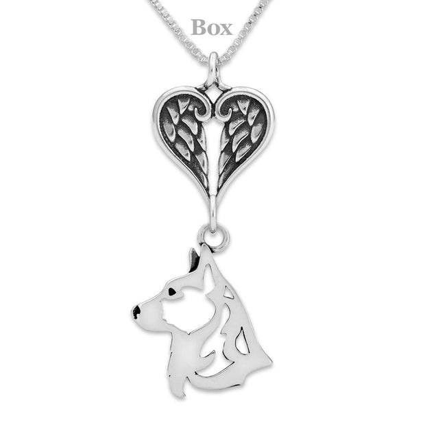Cardigan Welsh Corgi Sympathy Gift Necklace with Heart Shaped Angel Wing Pendant in Sterling Silver on Box Chain.