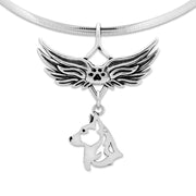 Cardigan Welsh Corgi Pet Loss Necklace with Angel Wing Charm Holder with Paw Print in Sterling Silver on Omega Chain.