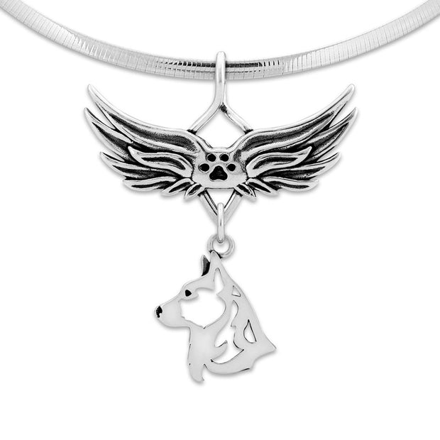 Cardigan Welsh Corgi Pet Loss Necklace with Angel Wing Charm Holder with Paw Print in Sterling Silver on Omega Chain.