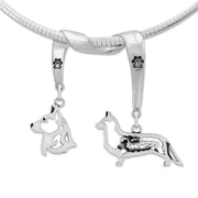 Cardigan Welsh Corgi Necklace Head and Body Designs on Paw Print Charm Holder in Sterling Silver on Omega Chain.