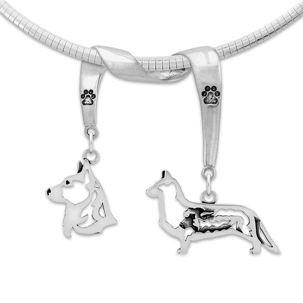 Cardigan Welsh Corgi Necklace Head and Body Designs on Paw Print Charm Holder in Sterling Silver on Omega Chain.