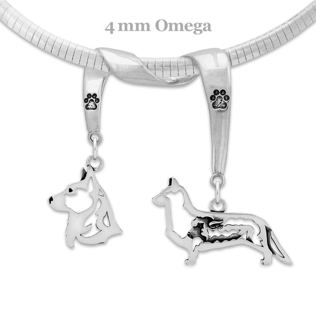 Cardigan Welsh Corgi Necklace Head and Body Designs on Paw Print Charm Holder in Sterling Silver on Omega Chain.