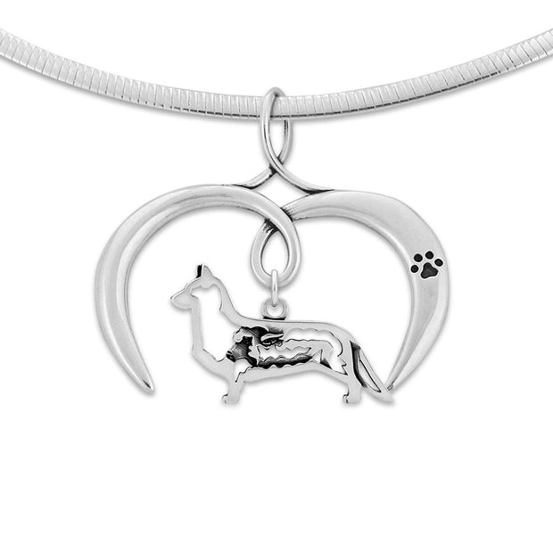 Cardigan Welsh Corgi Necklace with Open Heart Charm Holder with Paw Print in Sterling Silver on Omega Chain.