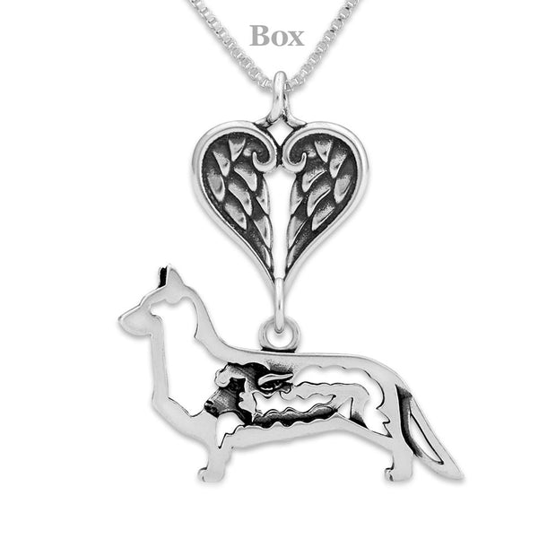 Cardigan Welsh Corgi Sympathy Gift Necklace with Heart Shaped Angel Wing Pendant in Sterling Silver on Box Chain.