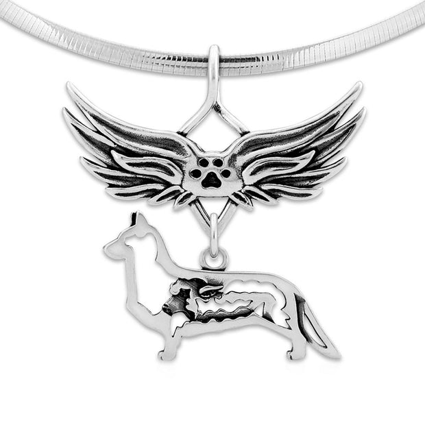 Cardigan Welsh Corgi Pet Loss Necklace with Angel Wing Charm Holder with Paw Print in Sterling Silver on Omega Chain.