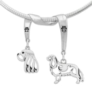 Cavalier King Charles Necklace Head and Body Designs on Paw Print Charm Holder in Sterling Silver on Omega Chain.