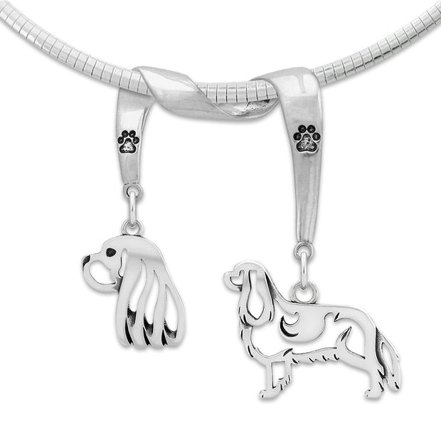 Cavalier King Charles Necklace Head and Body Designs on Paw Print Charm Holder in Sterling Silver on Omega Chain.
