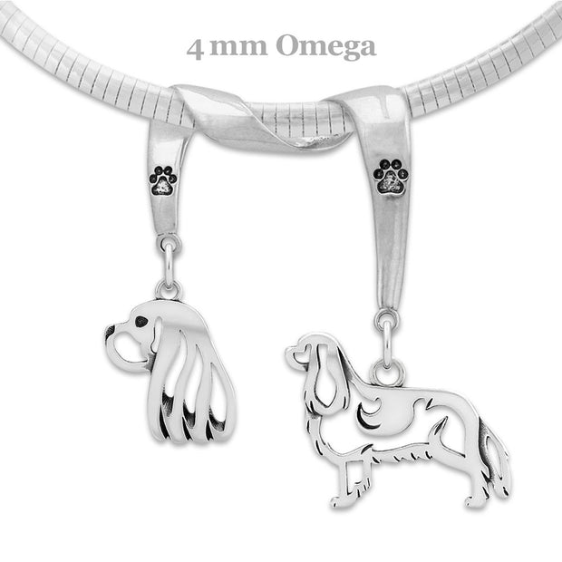 Cavalier King Charles Necklace Head and Body Designs on Paw Print Charm Holder in Sterling Silver on Omega Chain.