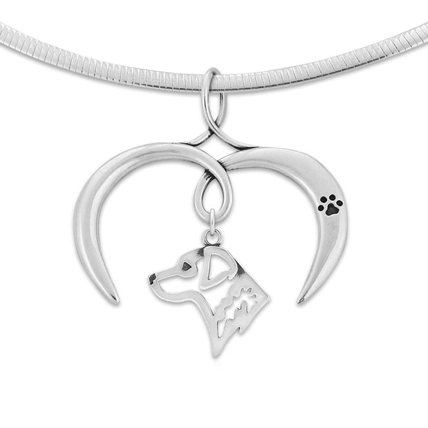 Chesapeake Bay Retriever Necklace with Open Heart Charm Holder with Paw Print in Sterling Silver on Omega Chain.