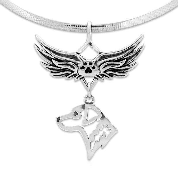 Chesapeake Bay Retriever Pet Loss Necklace with Angel Wing Charm Holder with Paw Print in Sterling Silver on Omega Chain.