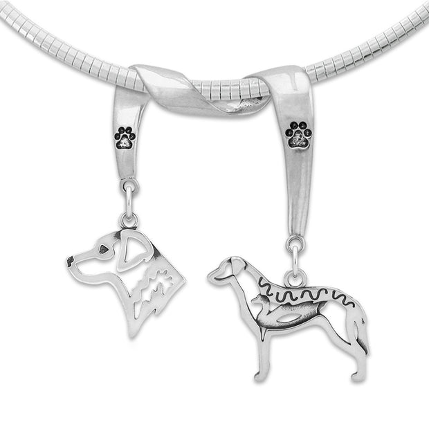 Chesapeake Bay Retriever Necklace Head and Body Designs on Paw Print Charm Holder in Sterling Silver on Omega Chain.