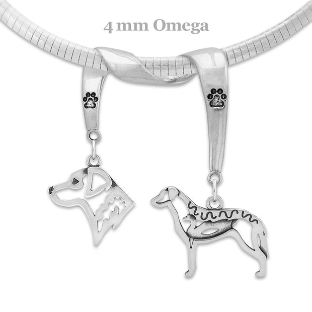 Chesapeake Bay Retriever Necklace Head and Body Designs on Paw Print Charm Holder in Sterling Silver on Omega Chain.