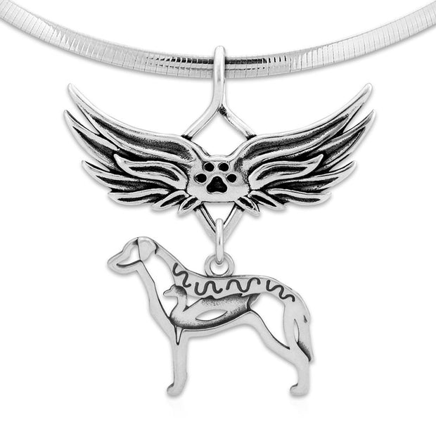 Chesapeake Bay Retriever Pet Loss Necklace with Angel Wing Charm Holder with Paw Print in Sterling Silver on Omega Chain.