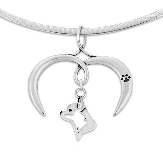 Chihuahua Necklace with Open Heart Charm Holder with Paw Print in Sterling Silver on Omega Chain.