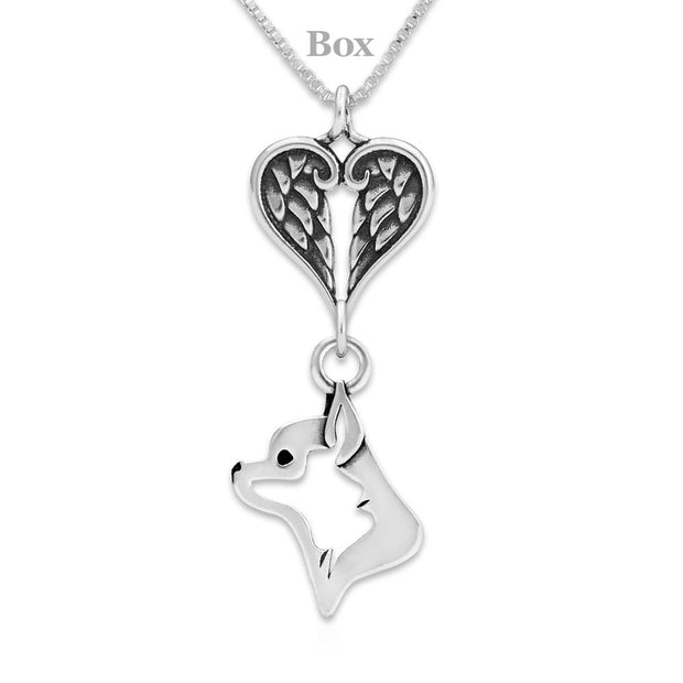 Chihuahua Sympathy Gift Necklace with Heart Shaped Angel Wing Pendant in Sterling Silver on Box Chain.