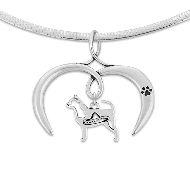 Chihuahua Necklace with Open Heart Charm Holder with Paw Print in Sterling Silver on Omega Chain.