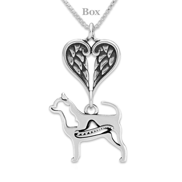 Chihuahua Sympathy Gift Necklace with Heart Shaped Angel Wing Pendant in Sterling Silver on Box Chain.