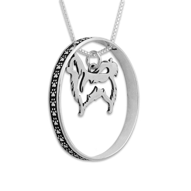 Sterling Silver Long Haired Chihuahua Necklace w/Paw Print Enhancer, Body