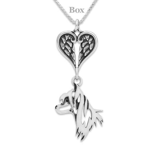 Chinese Crested Sympathy Gift Necklace with Heart Shaped Angel Wing Pendant in Sterling Silver on Box Chain.