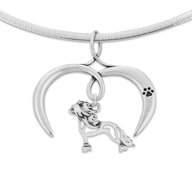 Chinese Crested Necklace with Open Heart Charm Holder with Paw Print in Sterling Silver on Omega Chain.