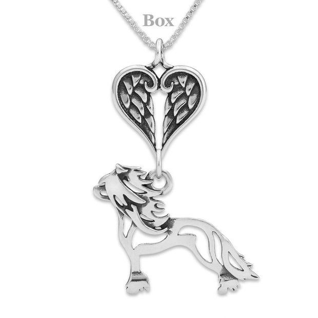 Chinese Crested Sympathy Gift Necklace with Heart Shaped Angel Wing Pendant in Sterling Silver on Box Chain.