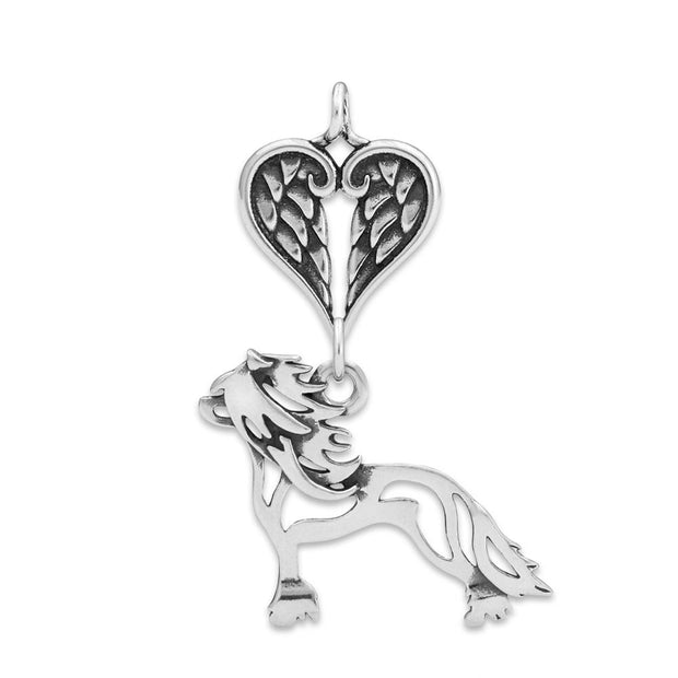 Chinese Crested Sympathy Gift Pendant with Heart Shaped Angel Wing Pendant in Sterling Silver.