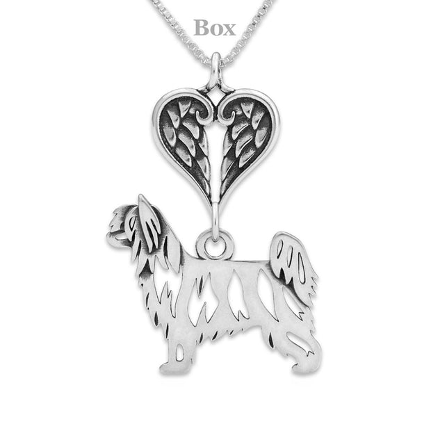 Chinese Crested Sympathy Gift Necklace with Heart Shaped Angel Wing Pendant in Sterling Silver on Box Chain.