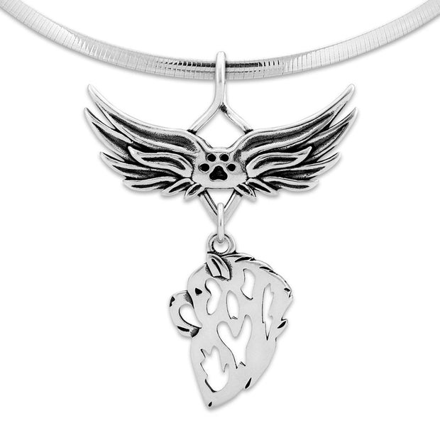Chow Chow Pet Loss Necklace with Angel Wing Charm Holder with Paw Print in Sterling Silver on Omega Chain.