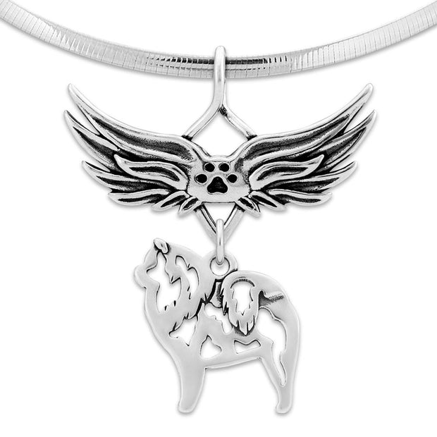 Chow Chow Pet Loss Necklace with Angel Wing Charm Holder with Paw Print in Sterling Silver on Omega Chain.