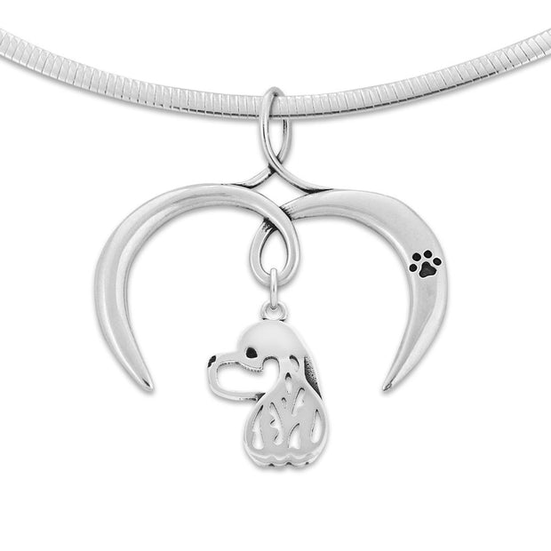 Cocker Spaniel Necklace with Open Heart Charm Holder with Paw Print in Sterling Silver on Omega Chain.